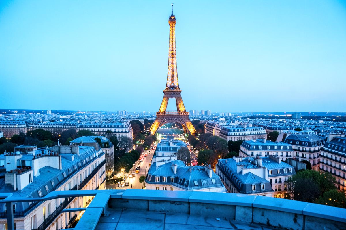 Paris skyline with the Eiffel Tower at blue hour