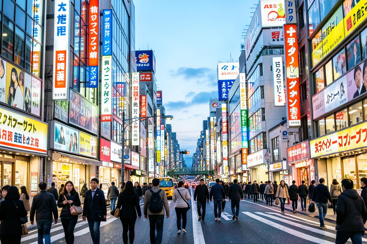 A lively street in Tokyo at dusk