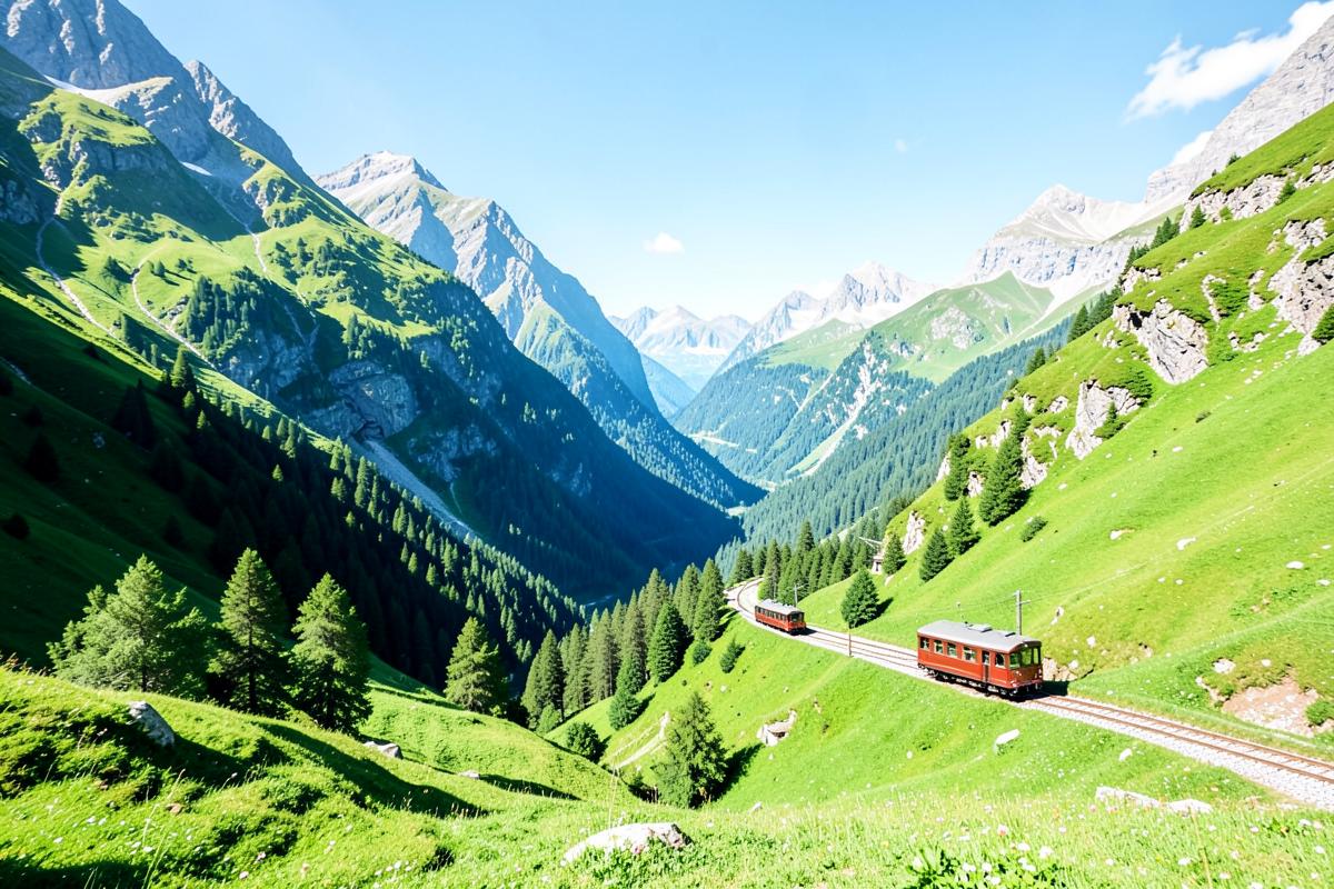 A mountain train crossing the Swiss Alps